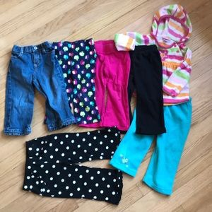 Lot of 7 baby girl items. 6 pants and 1 hoodie